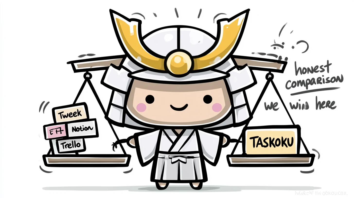 Samurai weighing Taskoku against Tweek, Notion and Trello on a traditional scale