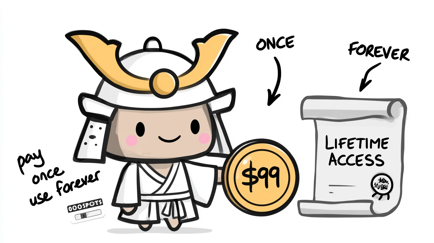 Samurai exchanging $99 gold coin for lifetime access certificate